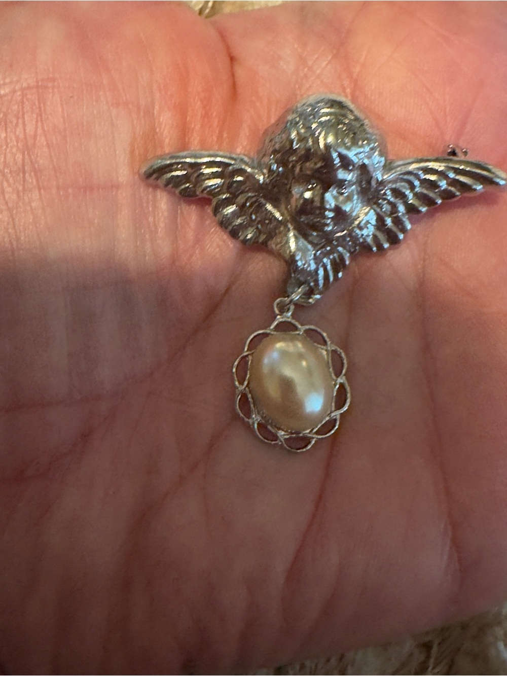Silver Angel Pendant with Pearl Drop Necklace